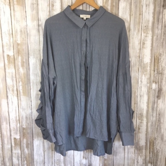 Umgee Tops - Umgee Dusty Blue Ruffle Open Sleeve Button Down
